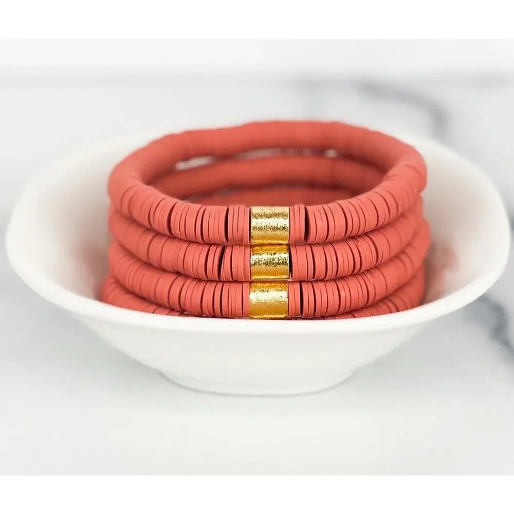 One Heishi 6mm Color Pop Stretch Bracelet Coral with Gold Barrel 6 inch